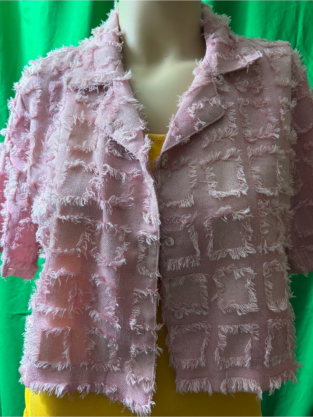 Pink Textured Fringe Open-Weave Button Front Top